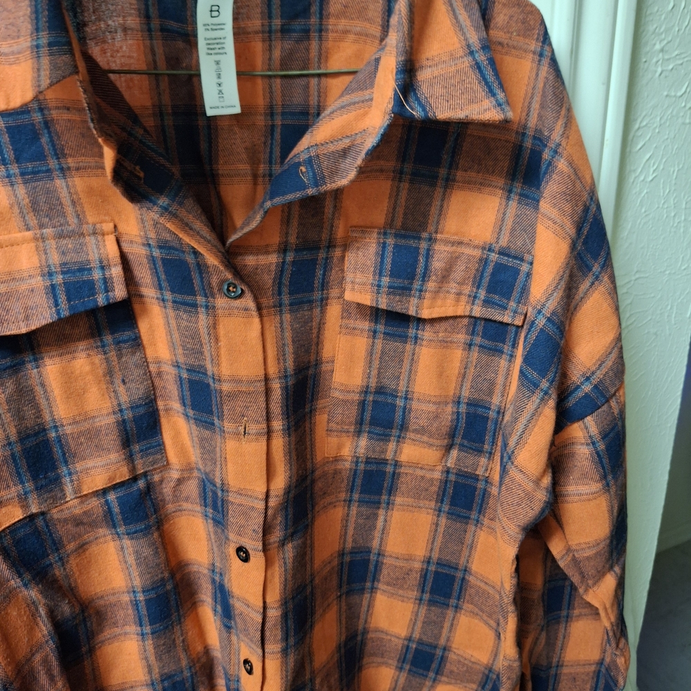 Amazon Women's Plaid Button Down Shirt - Orange and Blue